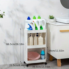 3-Tier Bathroom Storage Rack with Wheels, Plastic Rolling Utility Cart