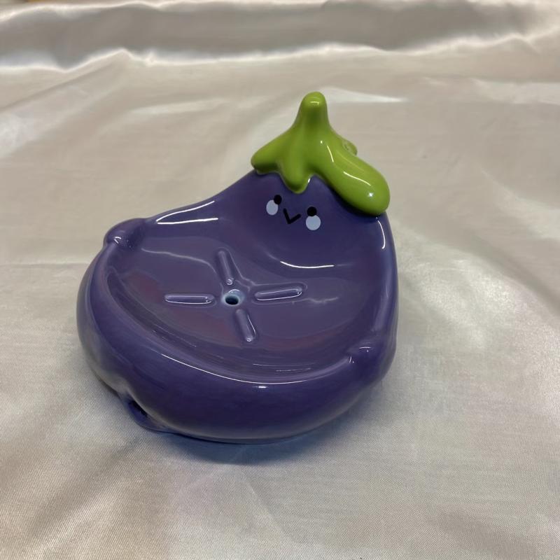 Eggplant Soap Dish Ceramic Self Draining Soap Holder