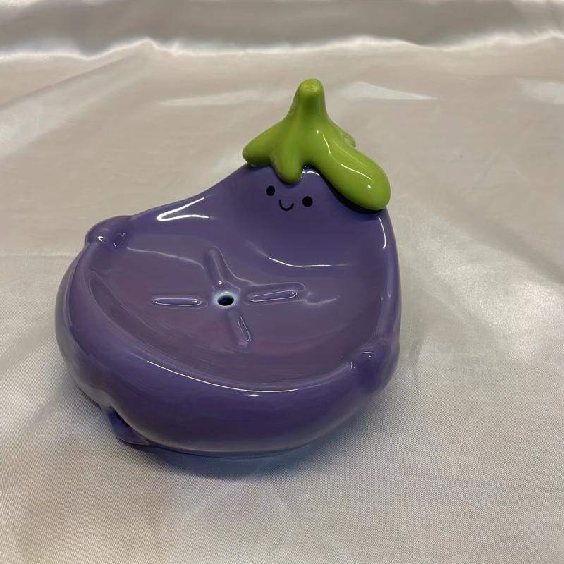 Eggplant Soap Dish Ceramic Self Draining Soap Holder