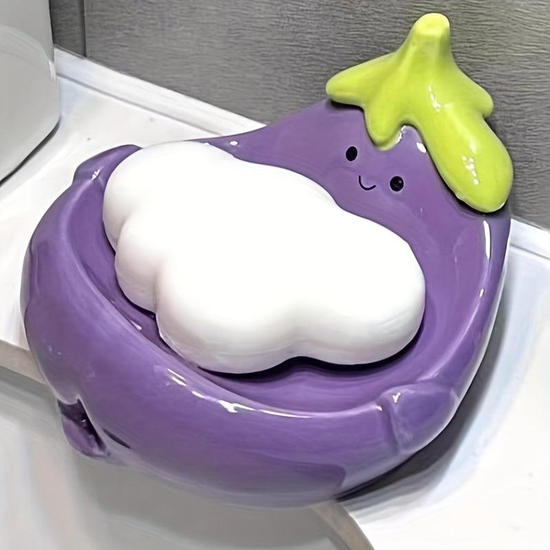 Eggplant Soap Dish Ceramic Self Draining Soap Holder