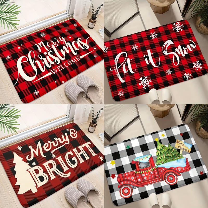 Christmas Plaid Non-slip Bathroom Floor Mat Winter Christmas Tree Letter Car Dec