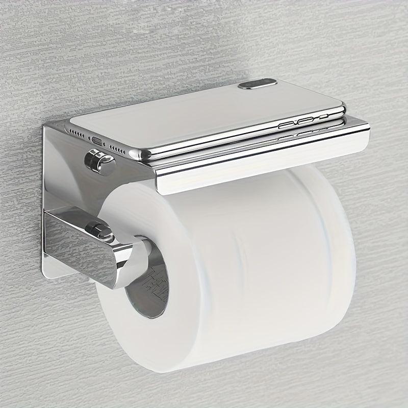 SUS 304 SS Toilet Paper Holder w/ Phone Shelf Bathroom Tissue Hanging Rod