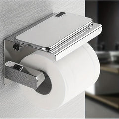 SUS 304 SS Toilet Paper Holder w/ Phone Shelf Bathroom Tissue Hanging Rod