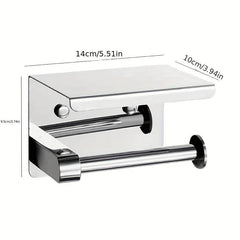 SUS 304 SS Toilet Paper Holder w/ Phone Shelf Bathroom Tissue Hanging Rod