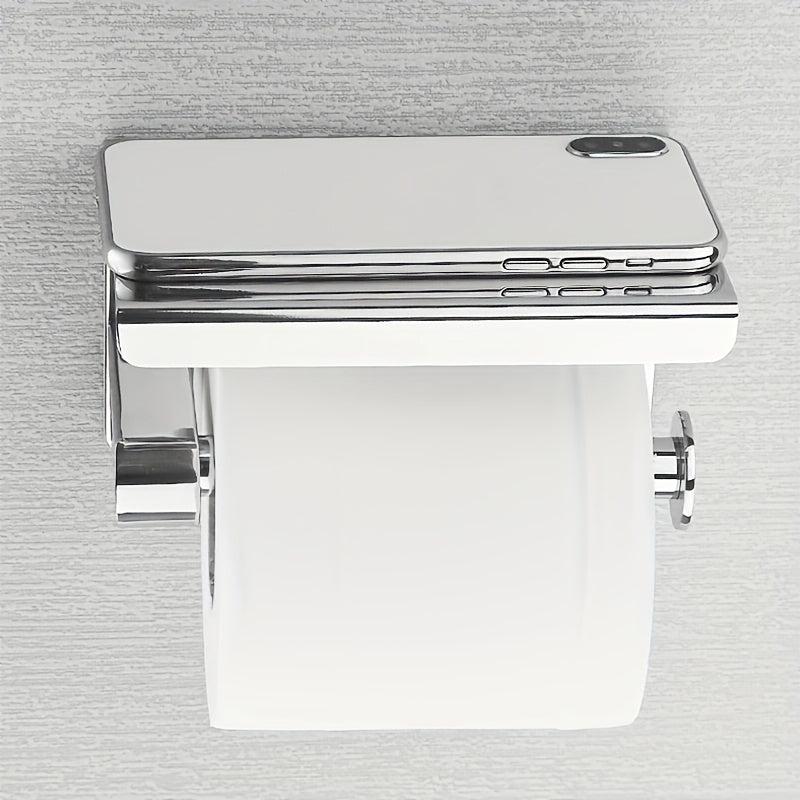 SUS 304 SS Toilet Paper Holder w/ Phone Shelf Bathroom Tissue Hanging Rod