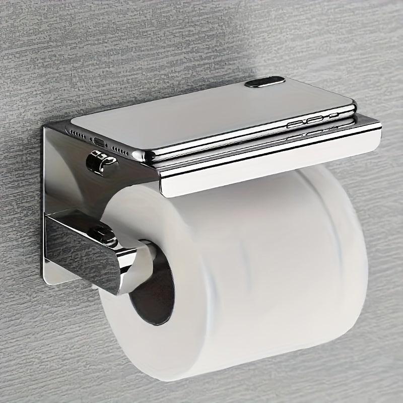 SUS 304 SS Toilet Paper Holder w/ Phone Shelf Bathroom Tissue Hanging Rod