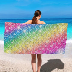 Rainbow Fish Scale Print Beach Towel Microfiber Absorbent Blanket