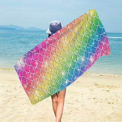 Rainbow Fish Scale Print Beach Towel Microfiber Absorbent Blanket