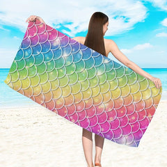 Rainbow Fish Scale Print Beach Towel Microfiber Absorbent Blanket