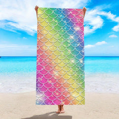 Rainbow Fish Scale Print Beach Towel Microfiber Absorbent Blanket