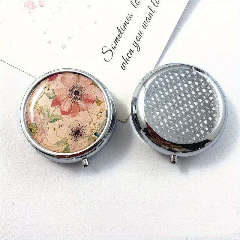 Portable Stainless Steel Pill Box Vintage Flower Pattern Candy Organizer Dispens