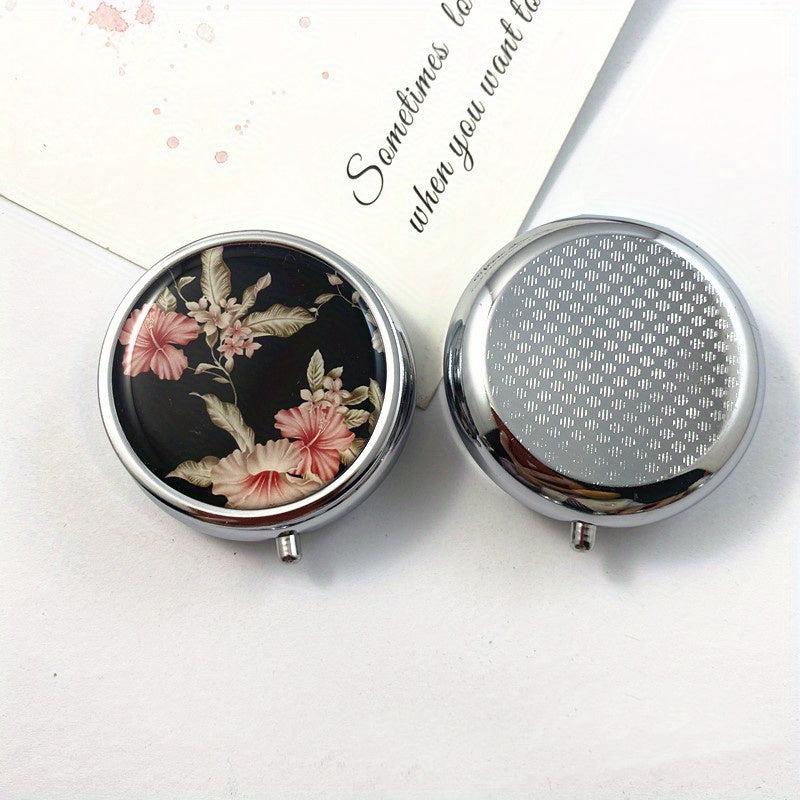 Portable Stainless Steel Pill Box Vintage Flower Pattern Candy Organizer Dispens