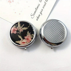 Portable Stainless Steel Pill Box Vintage Flower Pattern Candy Organizer Dispens