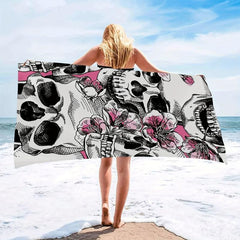 Skull & Flower Print Microfiber Beach Towel Lightweight & Quick Drying