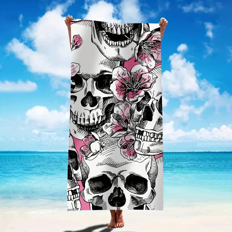Skull & Flower Print Microfiber Beach Towel Lightweight & Quick Drying
