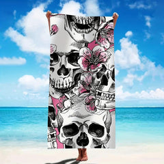 Skull & Flower Print Microfiber Beach Towel Lightweight & Quick Drying
