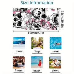 Skull & Flower Print Microfiber Beach Towel Lightweight & Quick Drying
