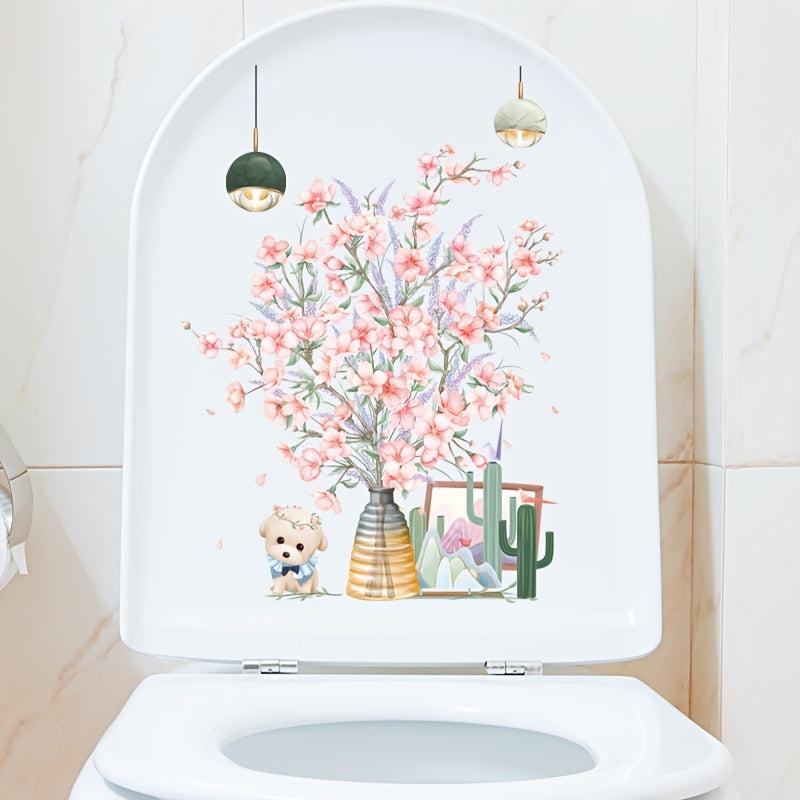 Pink Flower Puppy Toilet Sticker Waterproof Decoration
