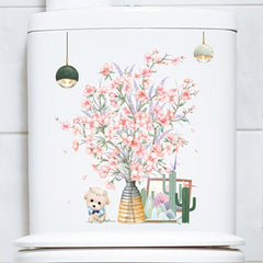 Pink Flower Puppy Toilet Sticker Waterproof Decoration