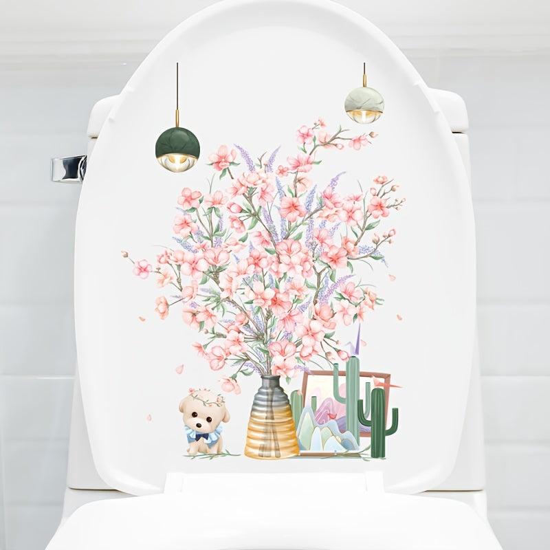 Pink Flower Puppy Toilet Sticker Waterproof Decoration
