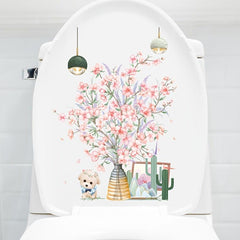 Pink Flower Puppy Toilet Sticker Waterproof Decoration