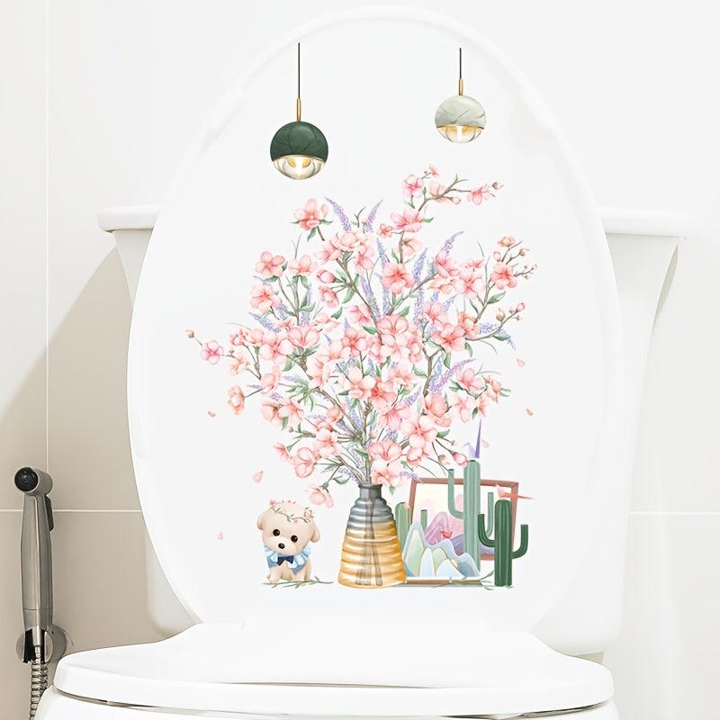 Pink Flower Puppy Toilet Sticker Waterproof Decoration