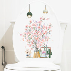 Pink Flower Puppy Toilet Sticker Waterproof Decoration