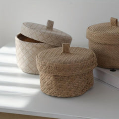 Retro Desktop Storage Basket With Cover - Nostalgic Woven Sundry Storage Basket