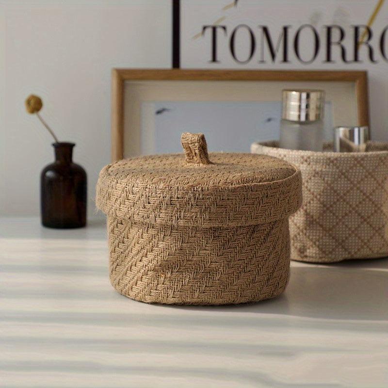 Retro Desktop Storage Basket With Cover - Nostalgic Woven Sundry Storage Basket