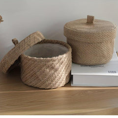 Retro Desktop Storage Basket With Cover - Nostalgic Woven Sundry Storage Basket