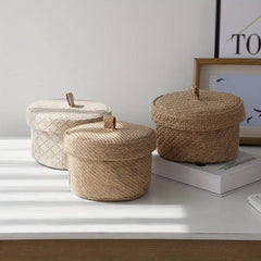 Retro Desktop Storage Basket With Cover - Nostalgic Woven Sundry Storage Basket