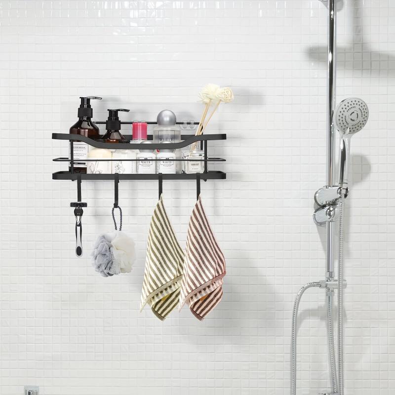 Wall Mounted Bathroom Storage Rack with 4 Hooks Stainless Steel Bathroom Tray