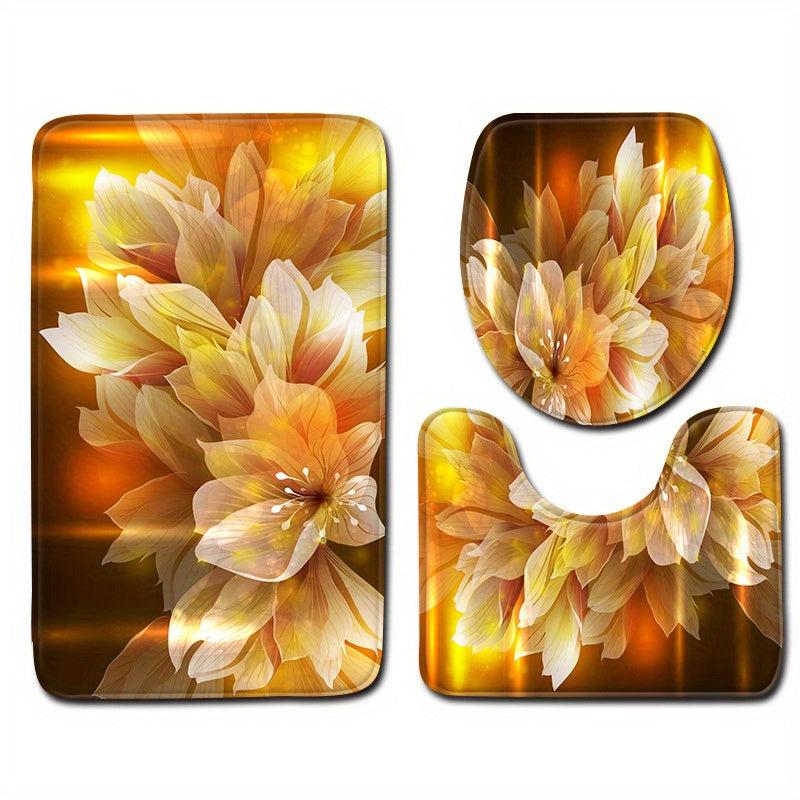3pcs Bathroom Sets Flower Leaf Bath Rugs Non Slip Mat Toilet Lid Cover Decor
