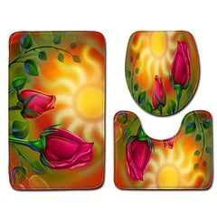 3pcs Bathroom Sets Flower Leaf Bath Rugs Non Slip Mat Toilet Lid Cover Decor