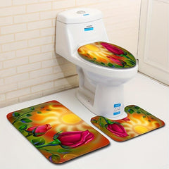 3pcs Bathroom Sets Flower Leaf Bath Rugs Non Slip Mat Toilet Lid Cover Decor