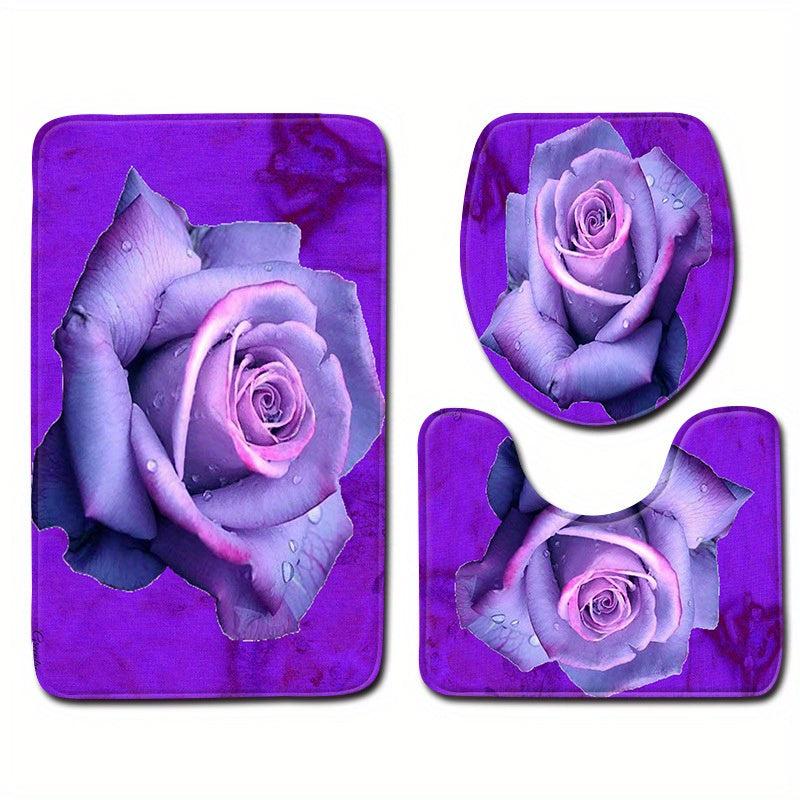 3pcs Bathroom Sets Flower Leaf Bath Rugs Non Slip Mat Toilet Lid Cover Decor