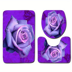 3pcs Bathroom Sets Flower Leaf Bath Rugs Non Slip Mat Toilet Lid Cover Decor
