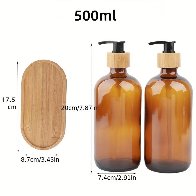 3pcs Soap Dispenser Set Glass Bottles Wooden Tray Countertop Lotion Pump