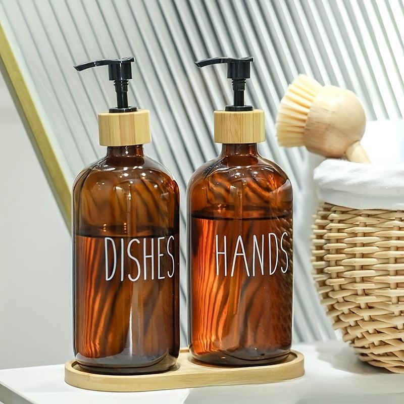 3pcs Soap Dispenser Set Glass Bottles Wooden Tray Countertop Lotion Pump