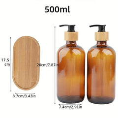 3pcs Soap Dispenser Set Glass Bottles Wooden Tray Countertop Lotion Pump