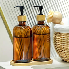 3pcs Soap Dispenser Set Glass Bottles Wooden Tray Countertop Lotion Pump