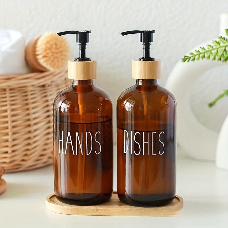 3pcs Soap Dispenser Set Glass Bottles Wooden Tray Countertop Lotion Pump