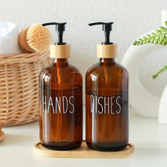 3pcs Soap Dispenser Set Glass Bottles Wooden Tray Countertop Lotion Pump