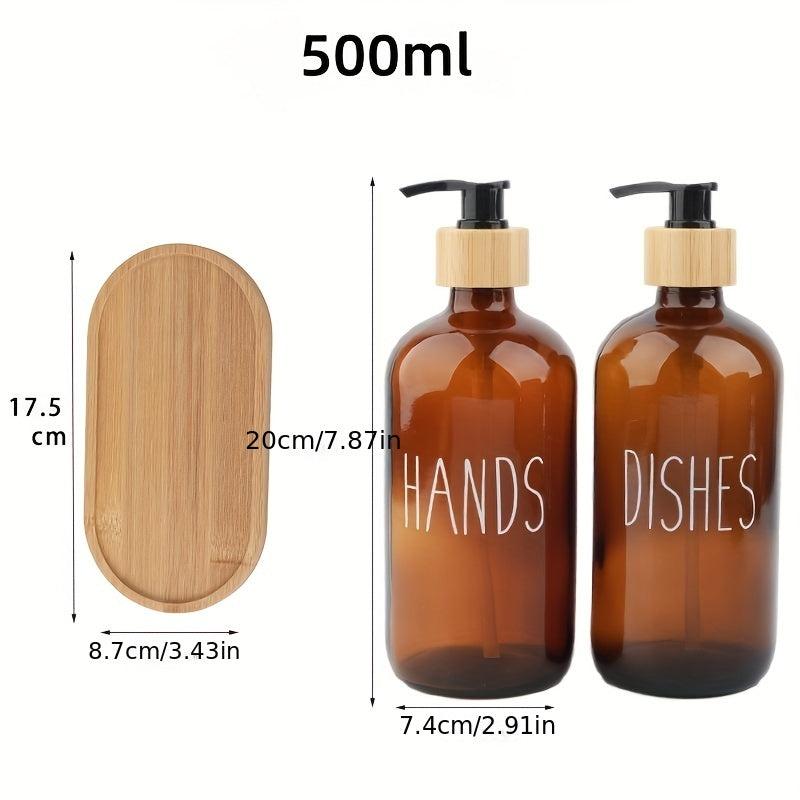 3pcs Soap Dispenser Set Glass Bottles Wooden Tray Countertop Lotion Pump