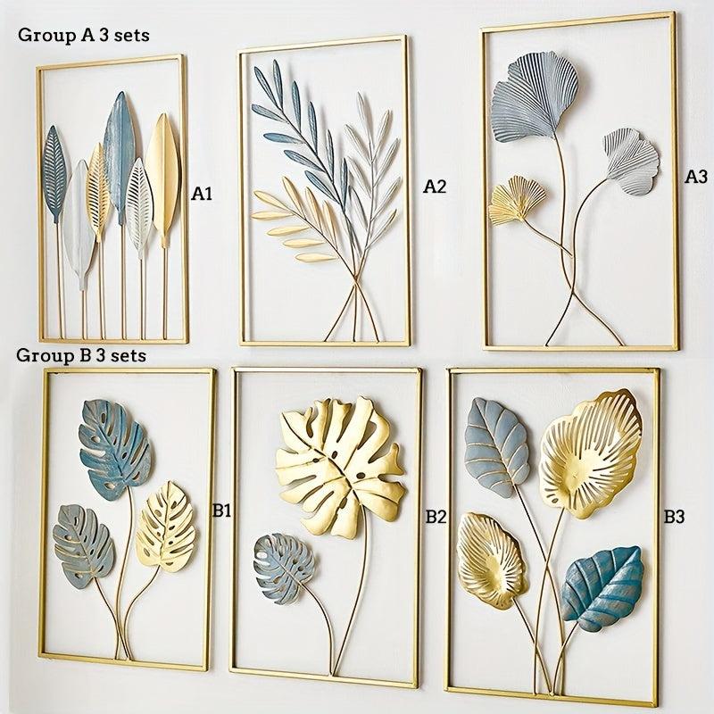 3pcs Metal Wall Decor Modern Leaf Wall Art Golden