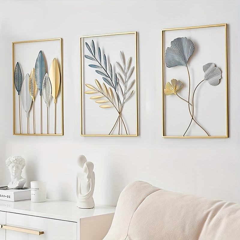 3pcs Metal Wall Decor Modern Leaf Wall Art Golden