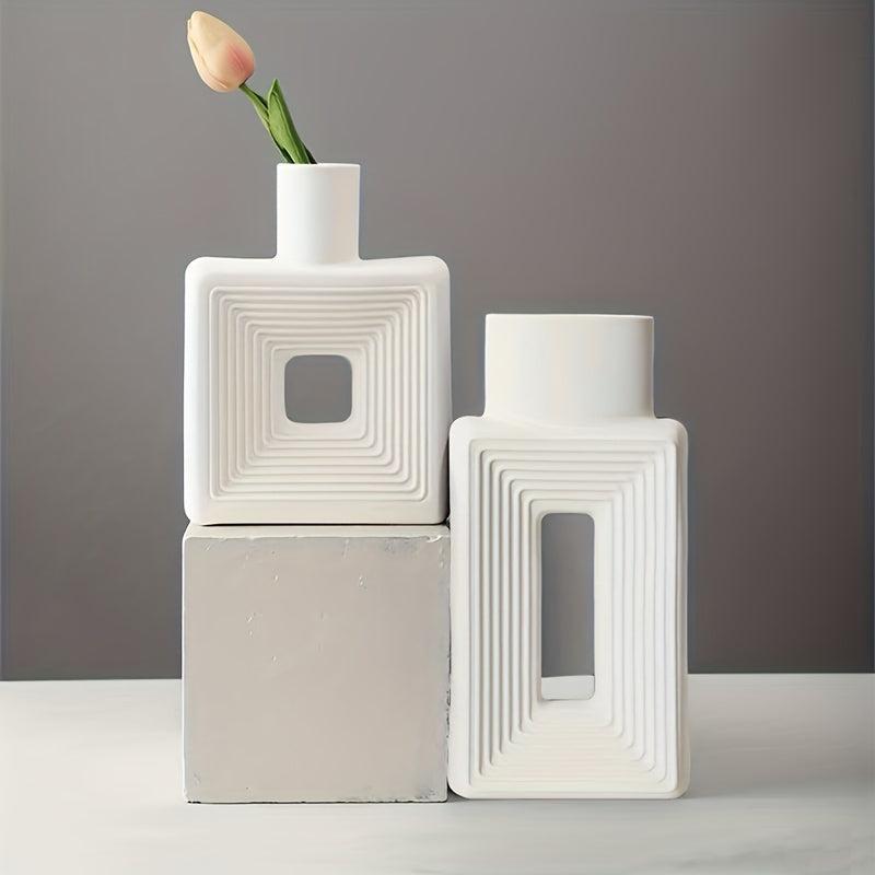 1pc Square Ceramic Flower Vase for Rustic Home Decor