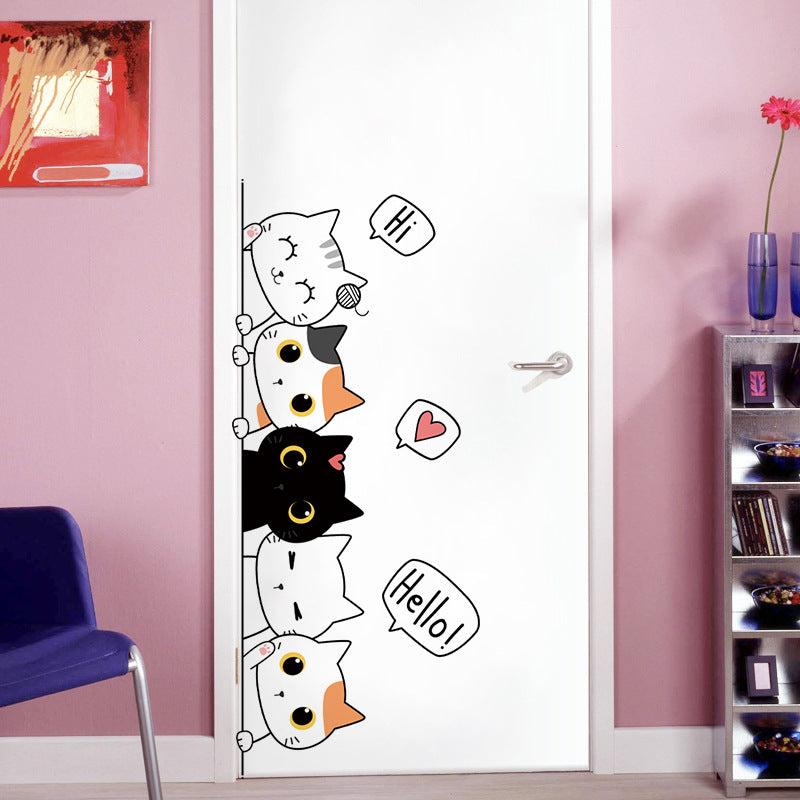 Cartoon Kitten Door Stickers - Children's Room Decor