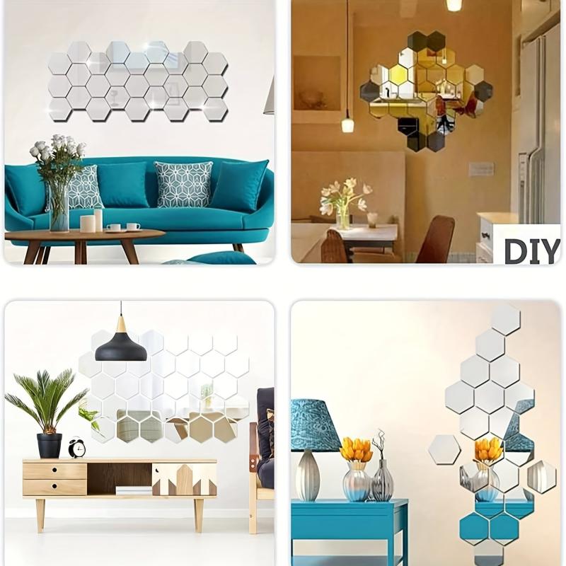 12pcs Hexagonal Mirror Wall Sticker Self-adhesive Rome Decor