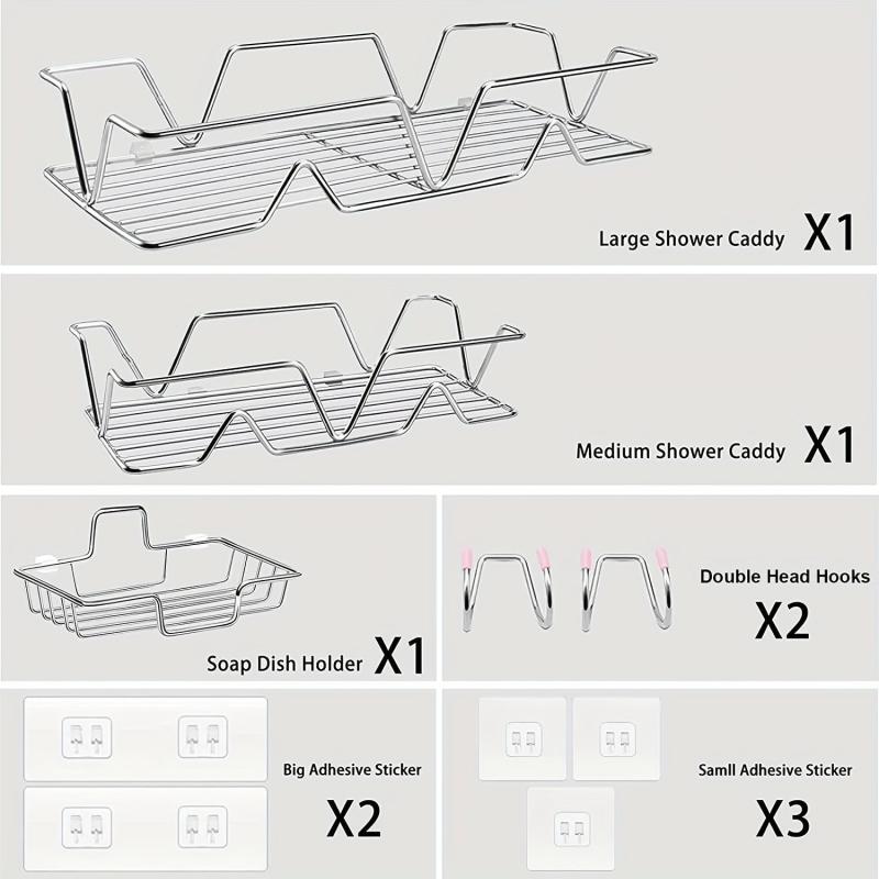 5pcs Shower Caddy w/ Soap Dish Holder, Hooks, Rust-Proof Wall-Mounted Organize